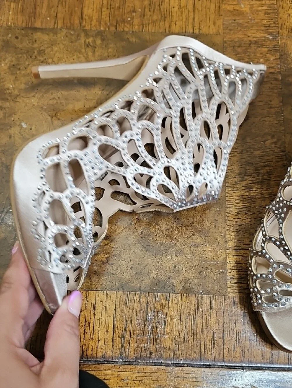 Nina Crystal Cutout Peep-Toe Heels in Blush Pink